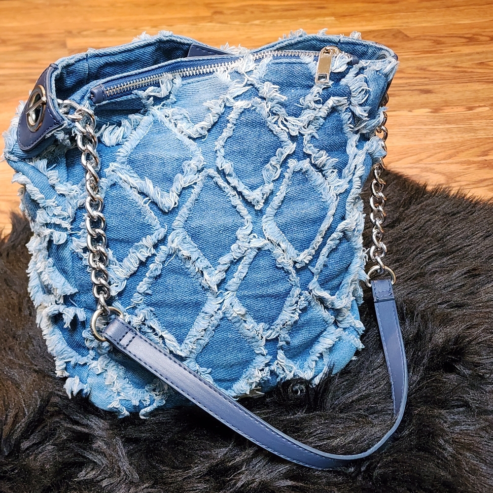 Carlos By Carlos Santana Vintage Frayed Denim Patchwork Hobo Shoulder Bag Purse